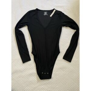 Nearly Nude Women's Small Bodysuit Black Ribbed Fitted Long Sleeve V Neck